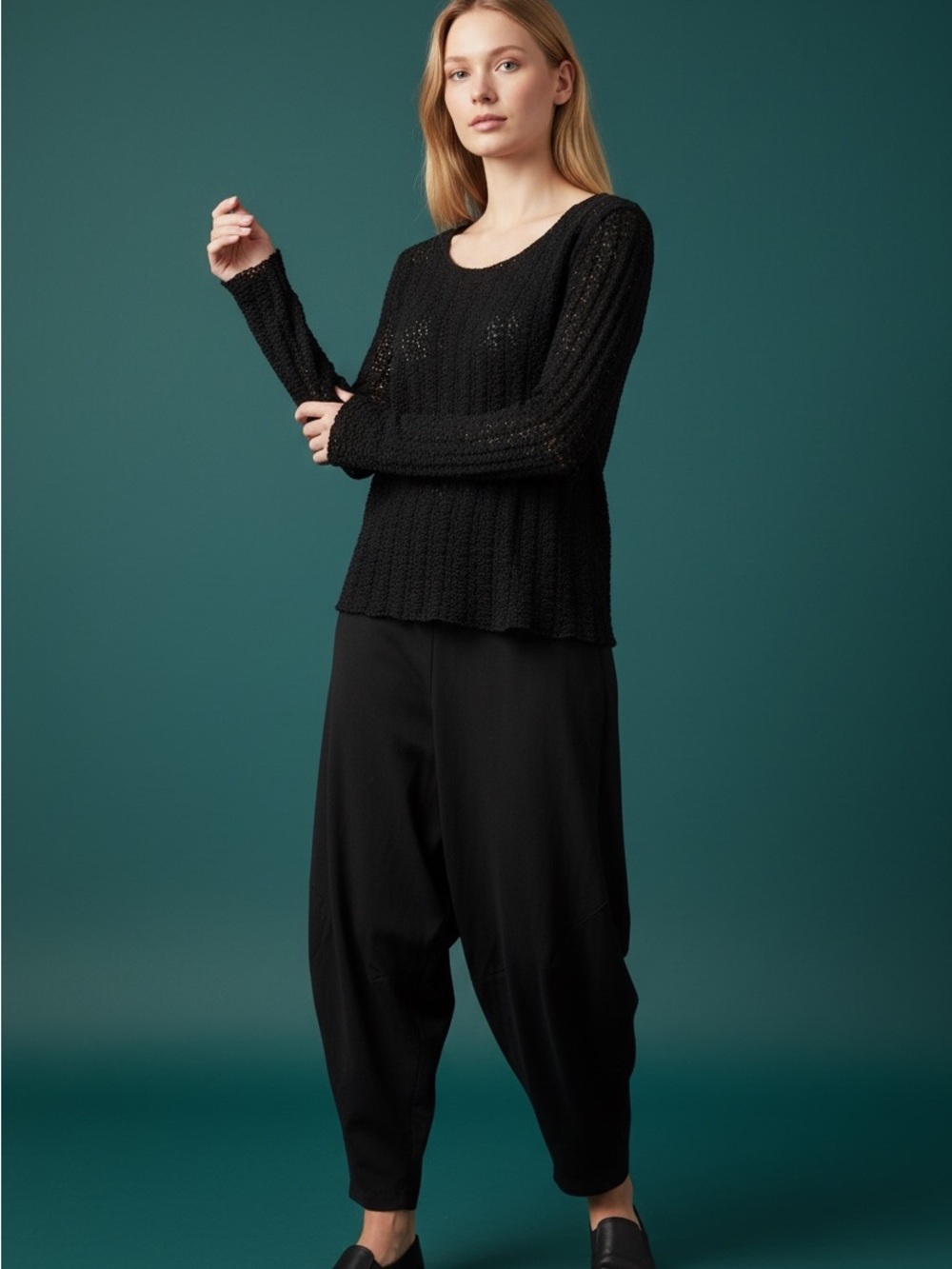 NATURAL LIFE Black Open-Knit Long Sleeve Scoop Neck Top
